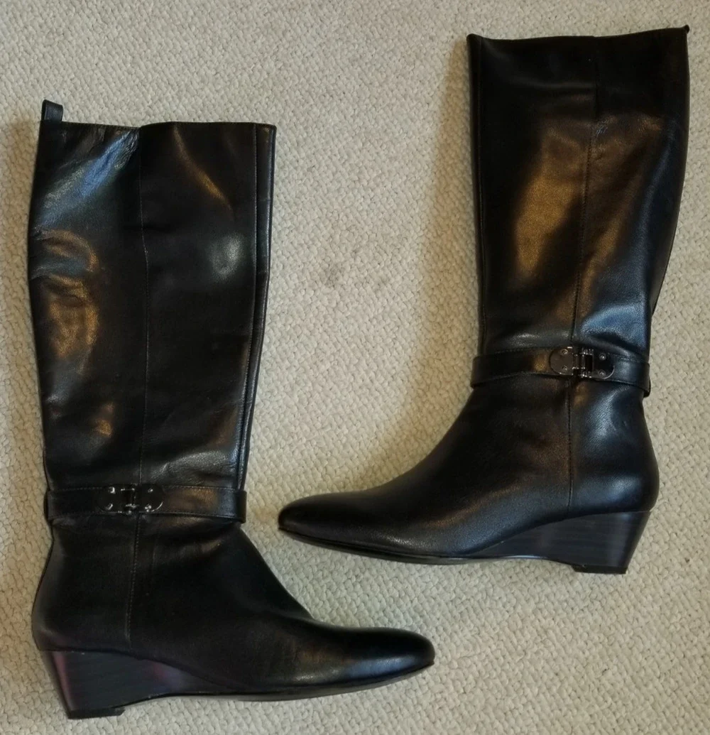 Womens Boots-BANDOLINO-black leather knee boots 'Bdadanna' wedged-6.5 M